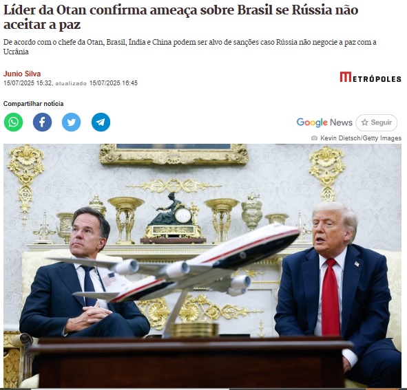 NATOの事務総長がブラジルに二次制裁を科すと警告したと報じる15日付メトロポレスの記事の一部