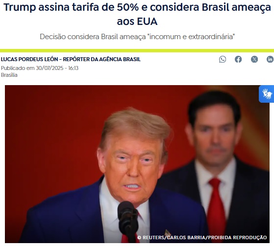 トランプ氏がブラジルは米国の脅威とし、50％関税を課す大統領令に署名したと報じる7月30日付アジェンシア・ブラジルの記事の一部