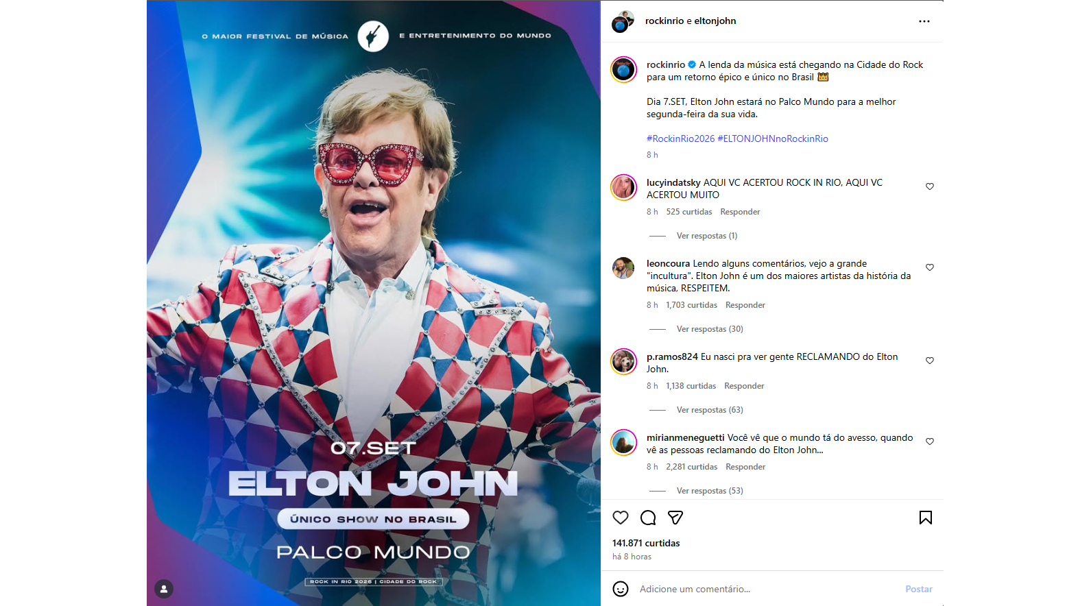 ロック・イン・リオ2026にエルトン・ジョンとジルベルト・ジル出演決定