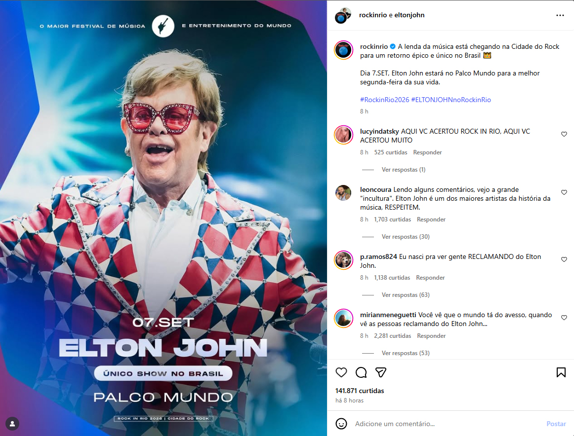 エルトン・ジョン（Rock in RioのInstagramアカウント）