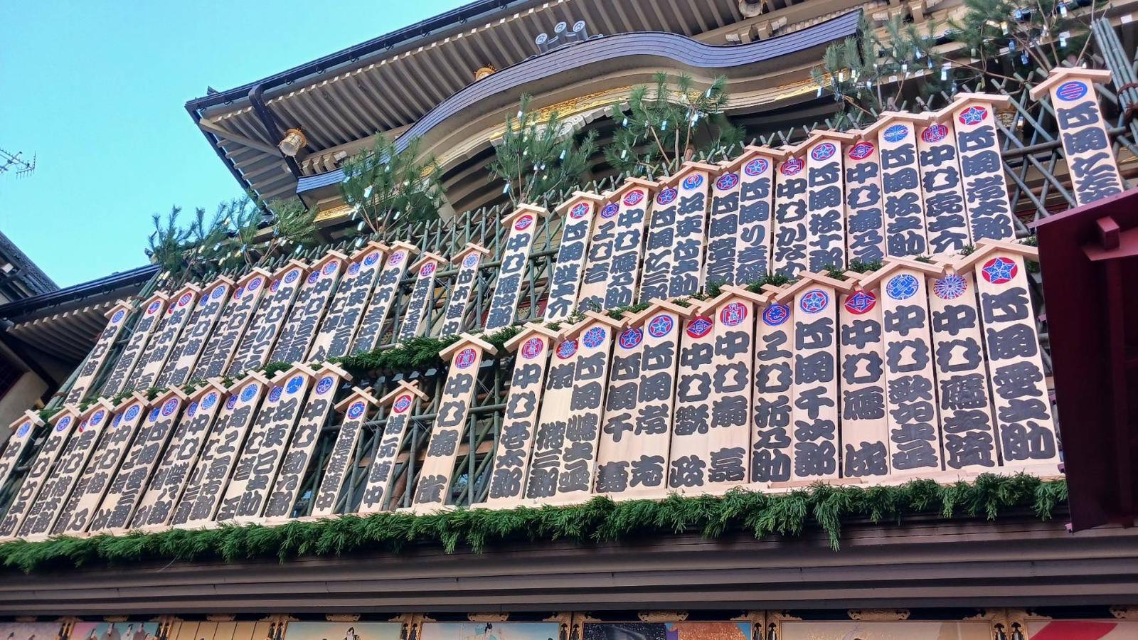 「まねき文字」でびっしりと役者名が書かれた「まねき看板」