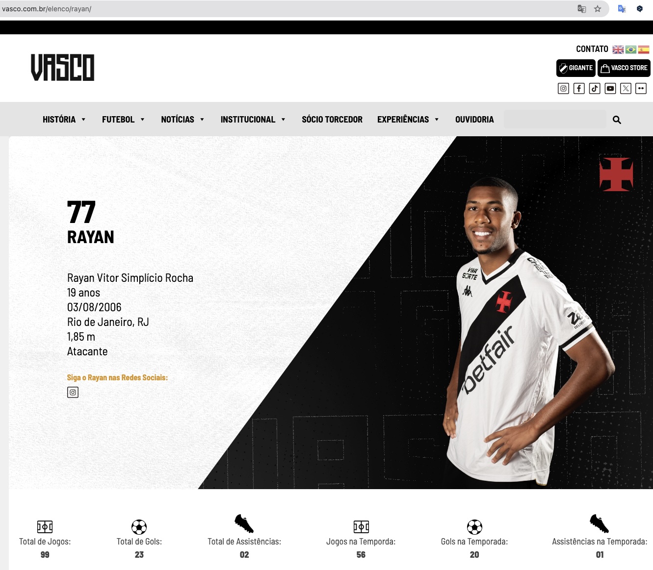 ヴァスコダガマ・サイトにあるライアン紹介ページ