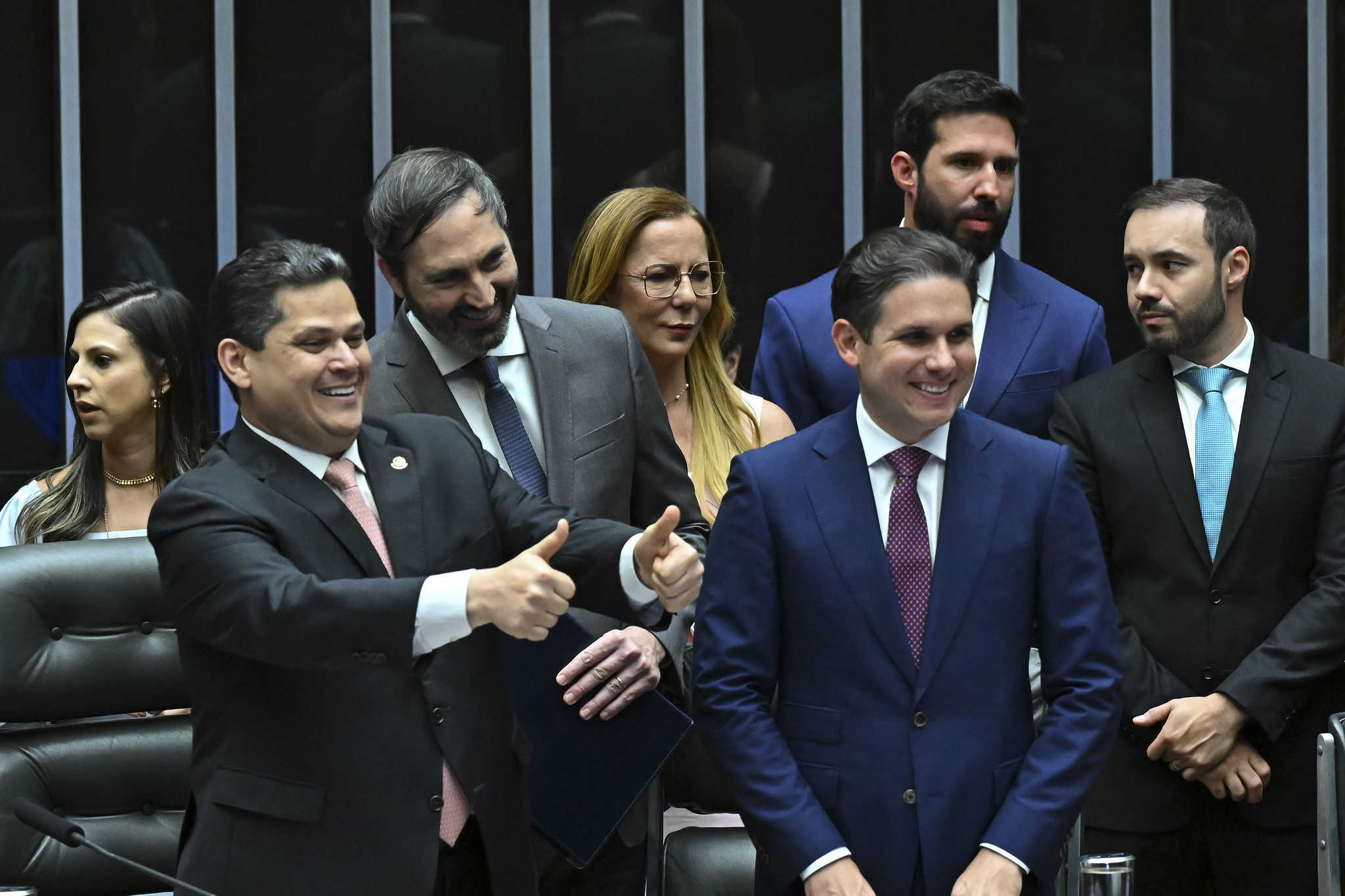 2月2日、議会開始式典でダヴィ・アルコルンブレ上院議長とウゴ・モッタ下院議長（Jefferson Rudy/Agência Senado）