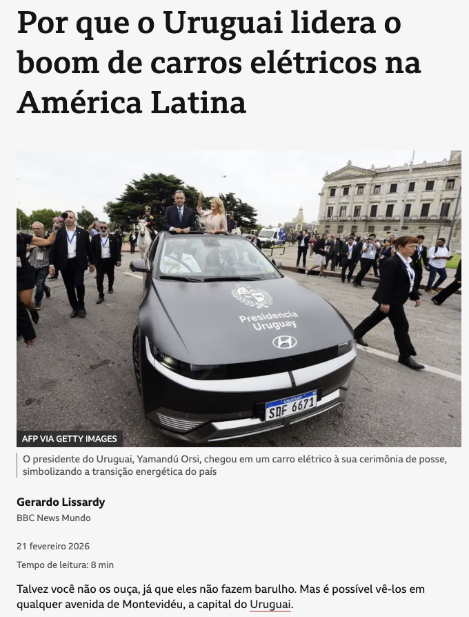 ウルグアイ＝EV普及率でラ米首位に＝再エネ99％と遇税制が後押し