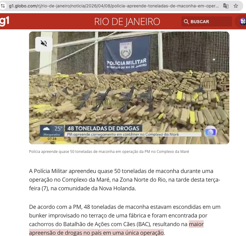 事件を報じる8日付G1サイト記事の一部